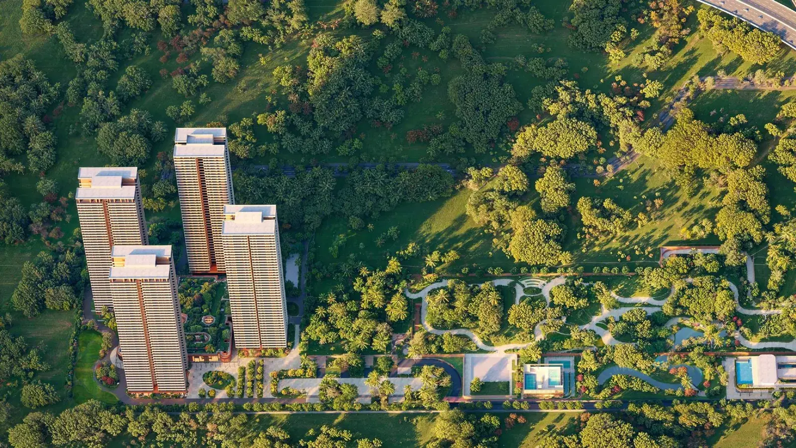 Aerial view of The Terraces towers and the forest at Estate 361 (artistic rendition)