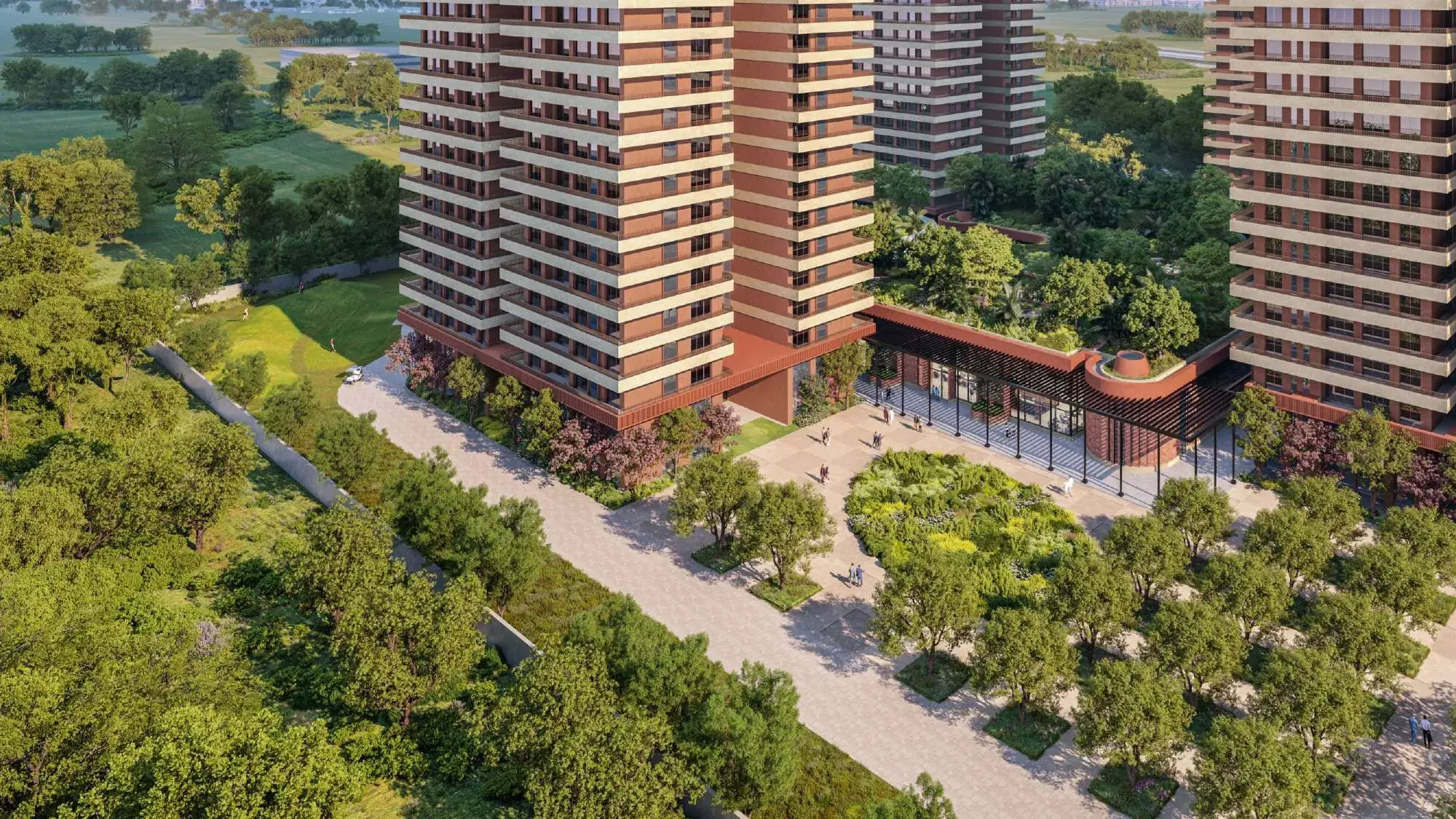 Aerial view of The Terraces towers set among the forest greens at Estate 361, Gurugram (artistic rendition)
