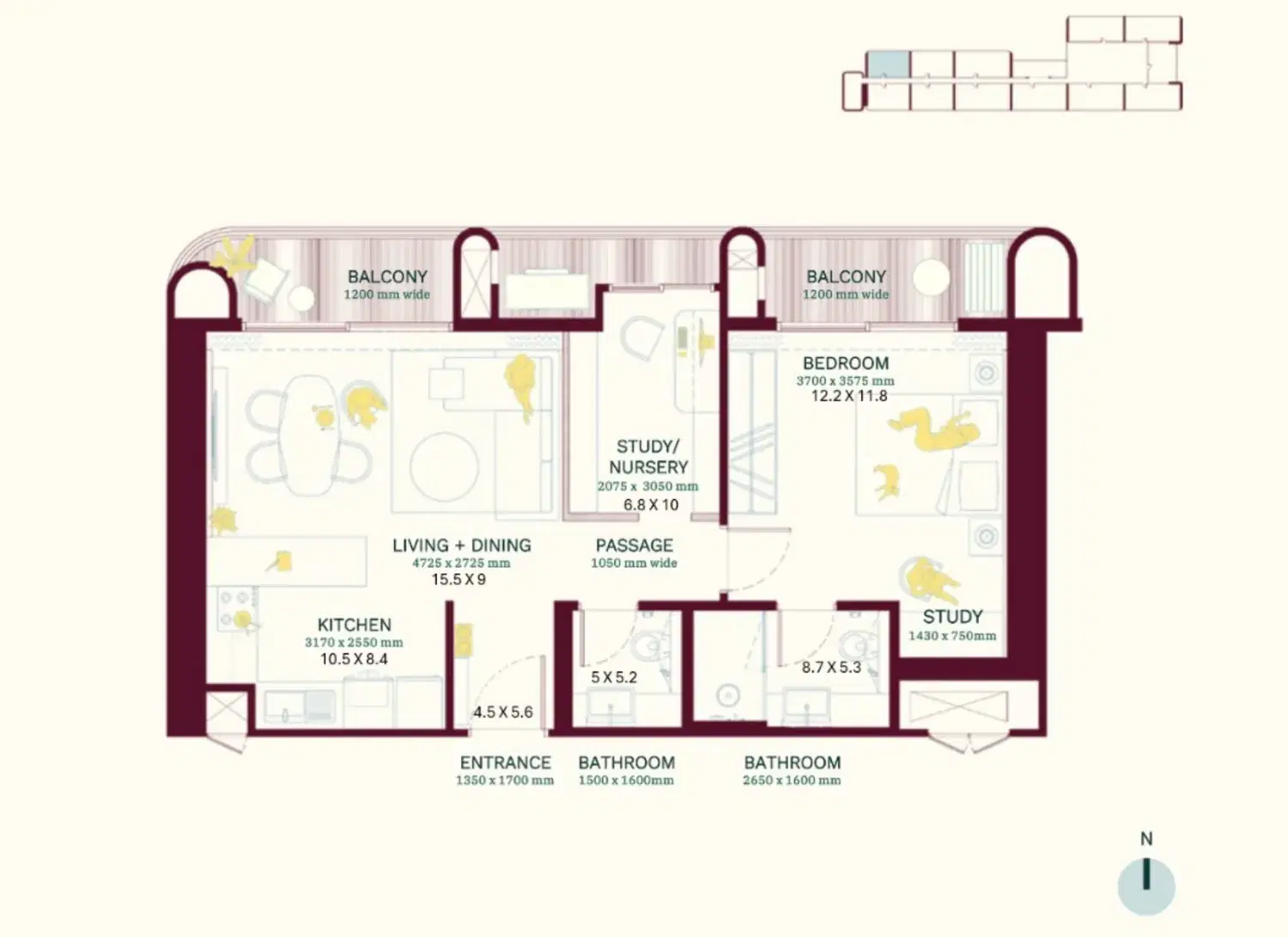 1.5 BHK+ (Type A1) floor plan